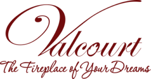 Valcourt logo in red script with the tagline “The Fireplace of Your Dreams”