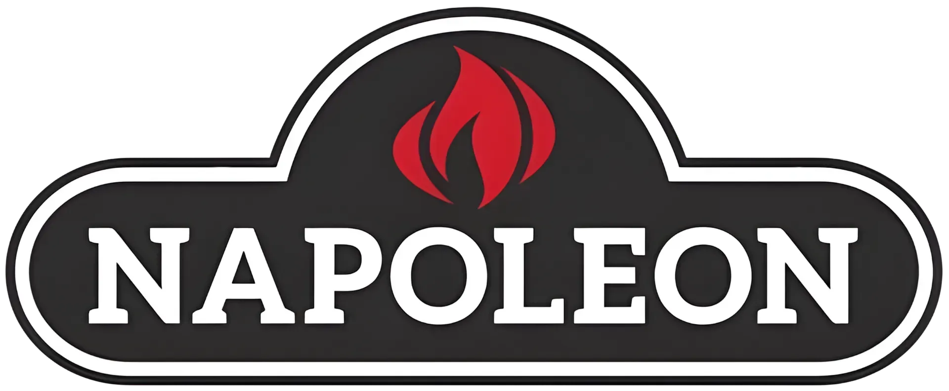 Napoleon logo with white text and a red flame icon on a black background