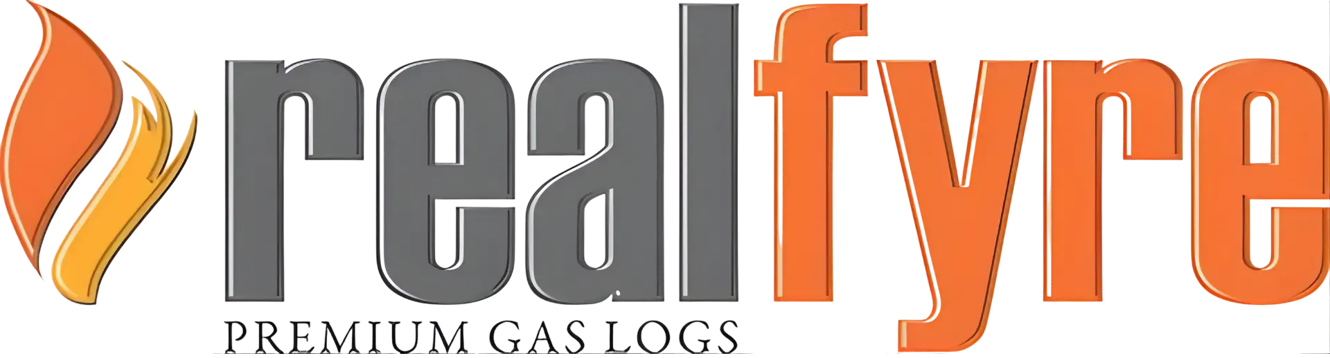 Realfyre premium gas logs logo with orange flame icon and gray-orange text
