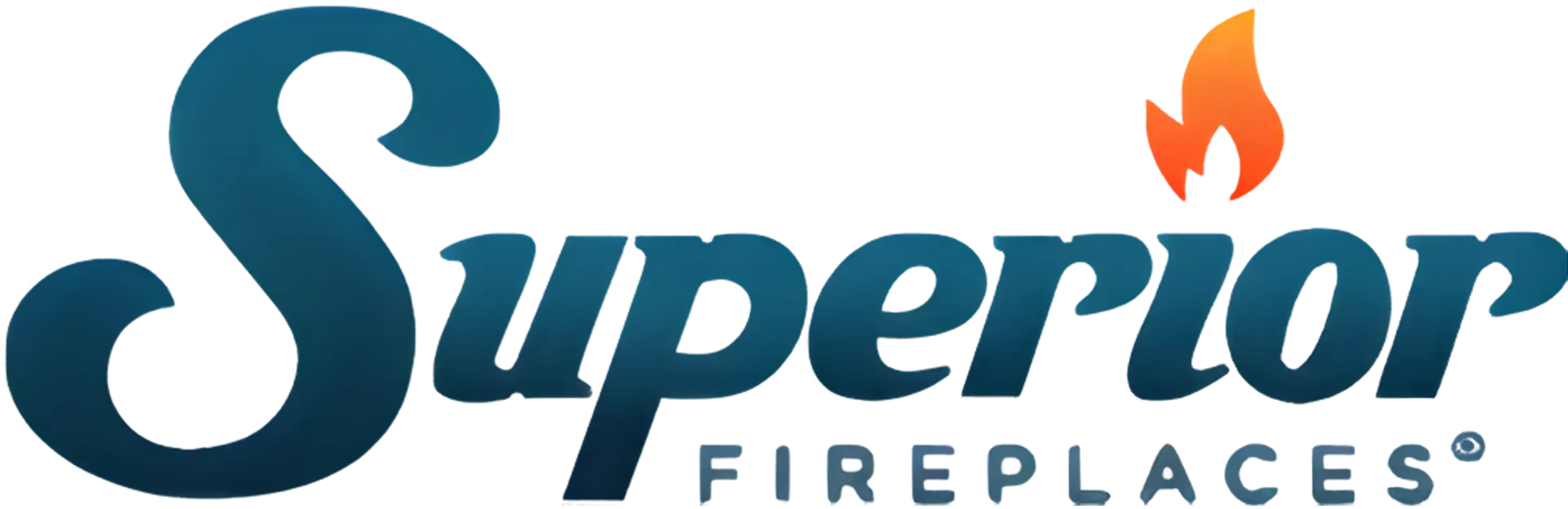 Superior Fireplaces logo with blue script text and a small orange flame above the “i”