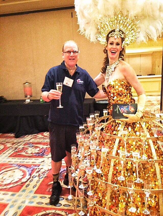Strolling champagne table with gorgeous model