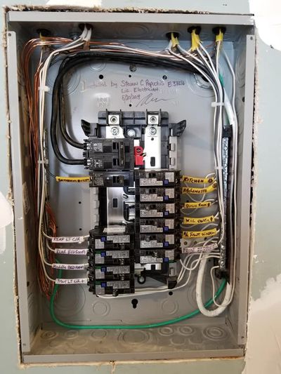 Open electrical breaker panel with exposed wiring and rows of circuit breakers
