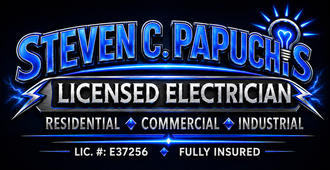 Steven C. Papuch’s Licensed Electrician logo in blue and black for residential, commercial, industrial services