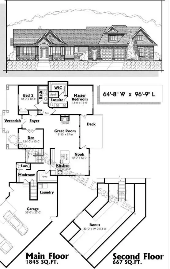 Architectural drawing: a two-story house plan and elevation with rooms labeled, including a garage and a basement.