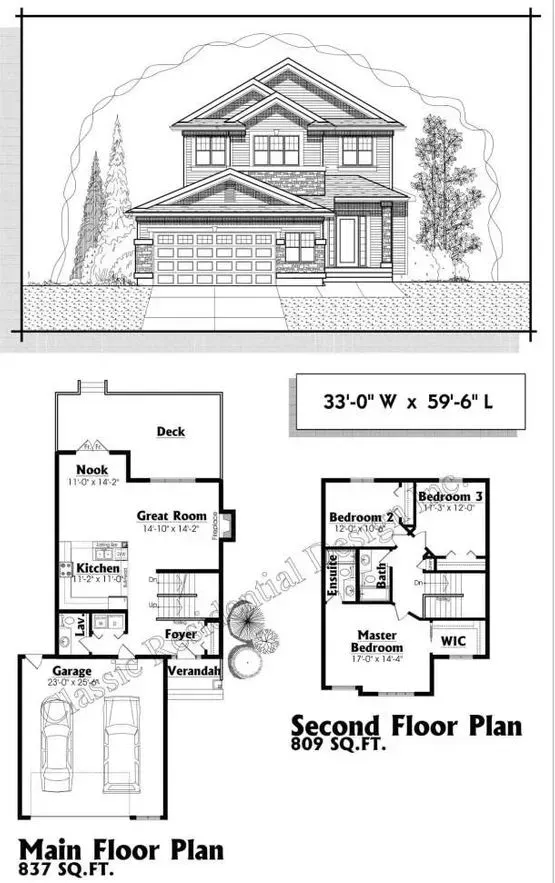 Architectural rendering of a two-story house with floor plans showing the main and second floors.