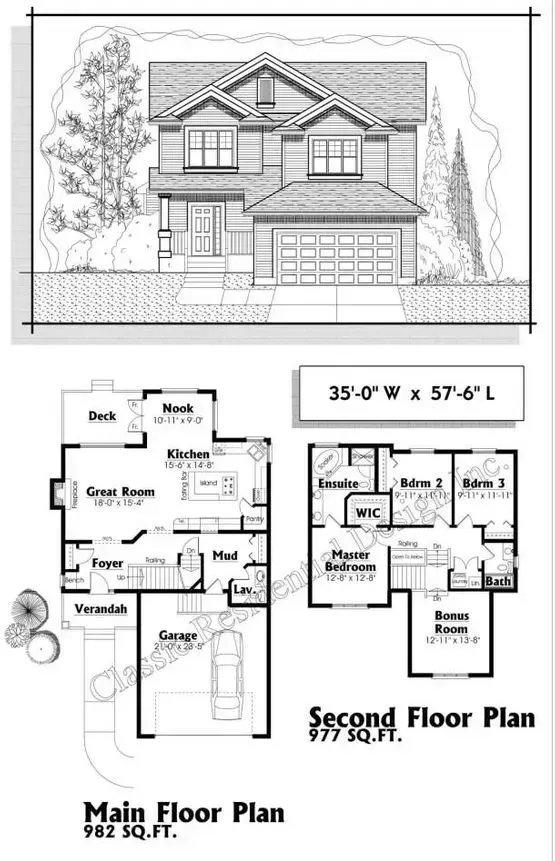 Two-story house plan with elevation view, main floor, and second floor plans. 992 sq. ft. main floor, 977 sq. ft. second floor.