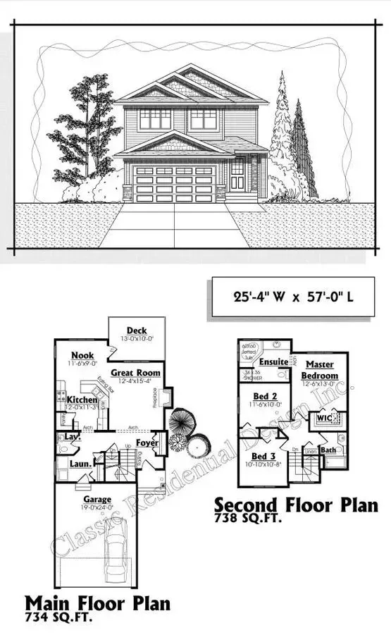 House plan: Front elevation of a two-story house and floor plans for main and second floors.