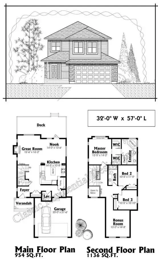 Two-story house plan: elevation view and floor plans. Main floor has kitchen, living room, garage. Second floor with bedrooms and bonus room.