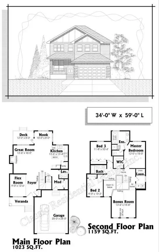 Architectural drawing of a two-story house with floor plans showing dimensions and room layouts.