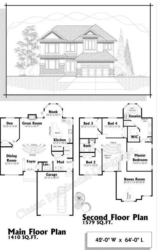 Architectural drawing of a two-story house, front elevation and floor plans with room dimensions.