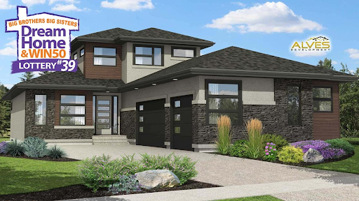 Dream Home Lottery #39, modern house with black trim, stone, brown siding, and a two-car garage.