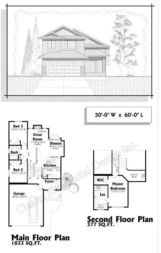 Two-story house architectural plan. Includes elevation, main floor, and second-floor layouts with dimensions and room labels.