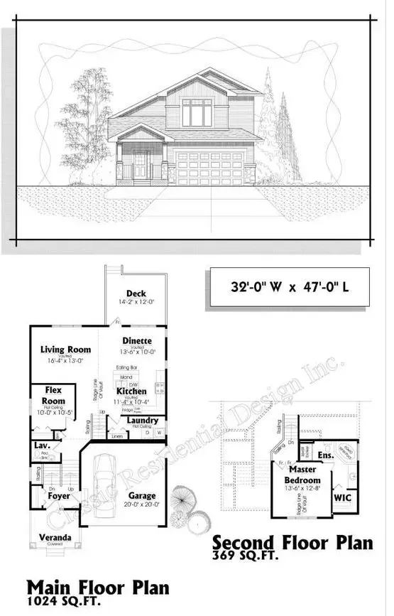Architectural drawing of a house with front elevation and floor plans showing dimensions and room layouts.
