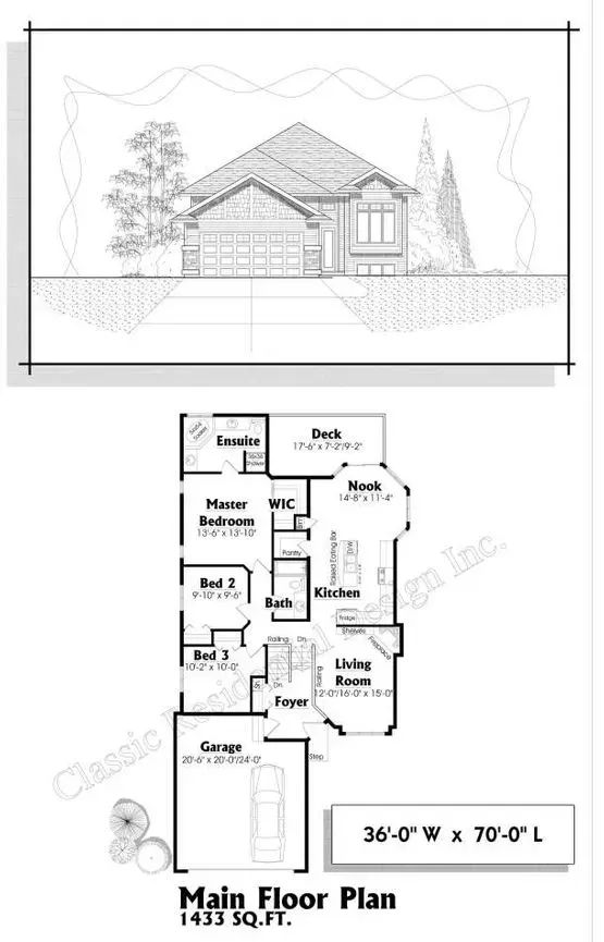 Architectural drawing: elevation view of a house with attached garage, alongside a floor plan labeled