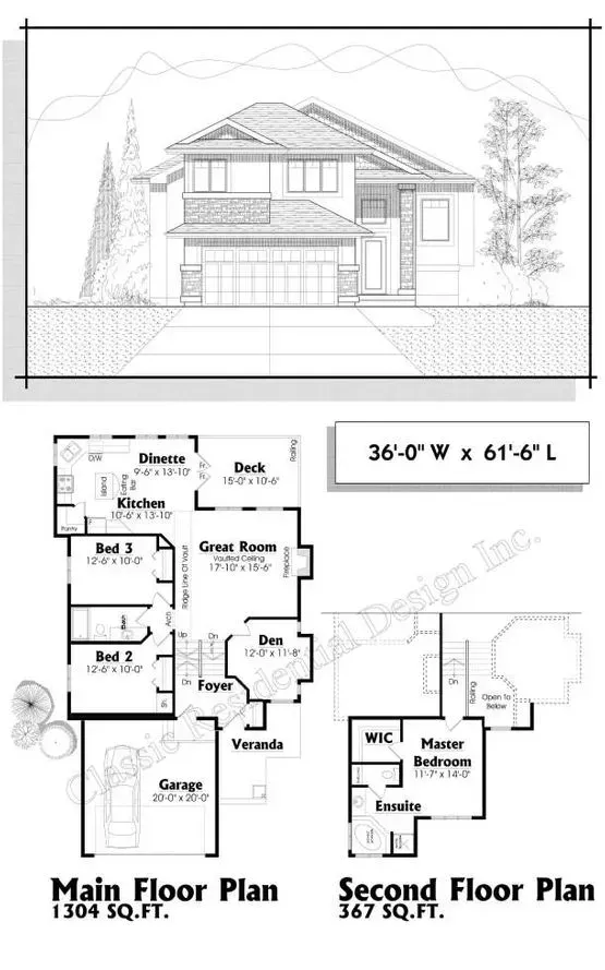 Architectural plans of a two-story house with a garage, including main and second floor plans.