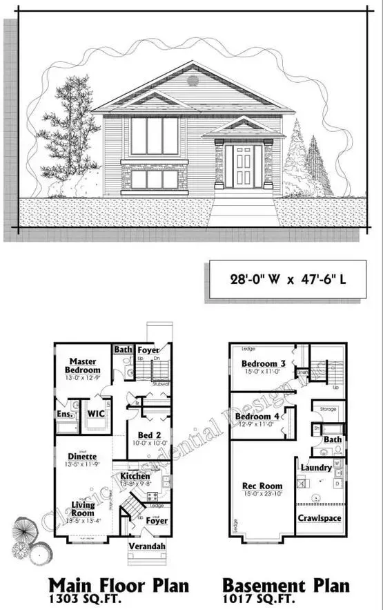 Architectural drawing of a two-story house with floor plans, including a main floor and basement, with overall dimensions.