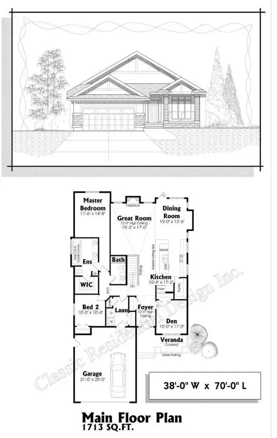 Architectural drawing of a house, front view, and the main floor plan. Includes garage, bedrooms, and living spaces.