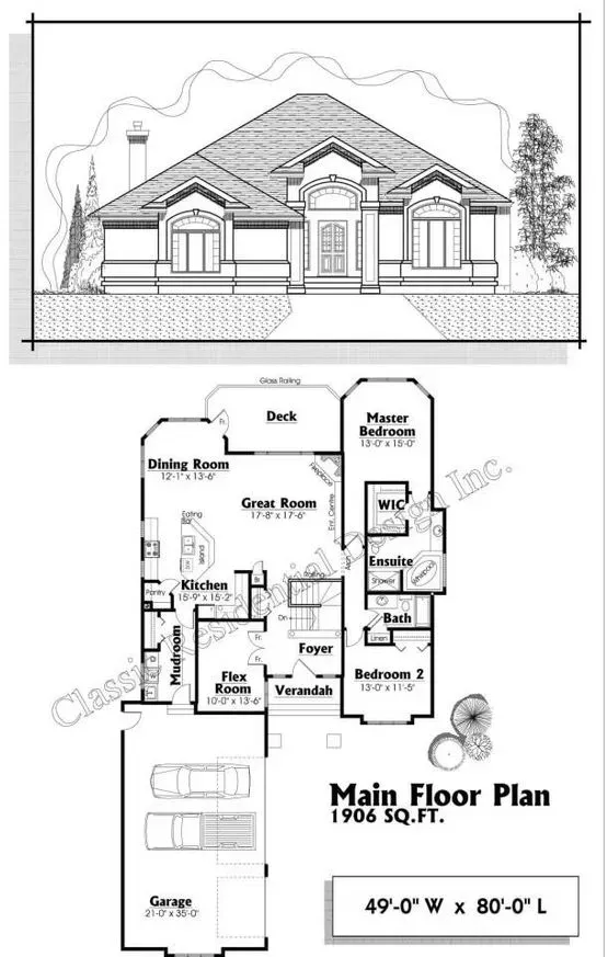 Architectural rendering of a one-story house with a floor plan, labeled