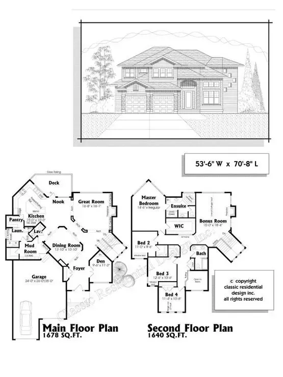 Architectural drawing of a two-story house, elevation view at top, with main and second floor plans below.