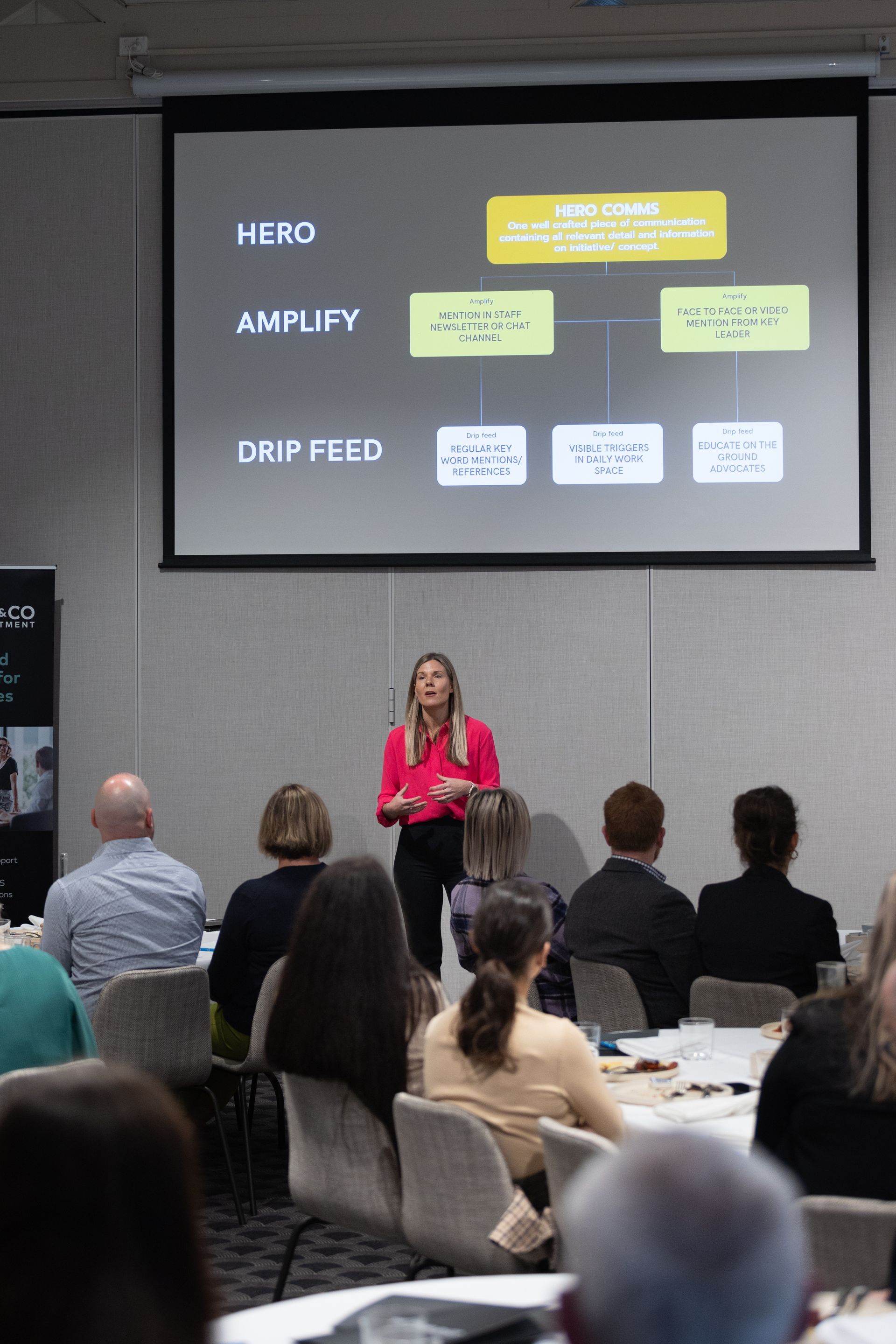 A woman is giving a presentation to a group of people in front of a large screen.