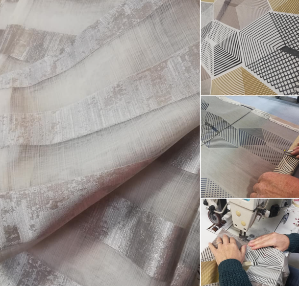Un collage che mostra diverse fantasie di tessuto e una persona che usa una macchina da cucire per orlare delle tende decorative.