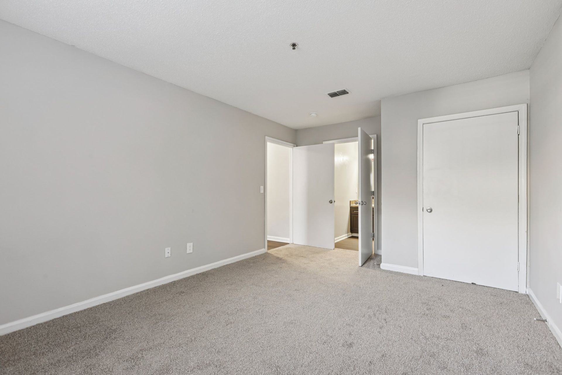 An empty bedroom with light gray walls, neutral-toned carpet, a walk-in closet door, and an open entry to a bathroom.