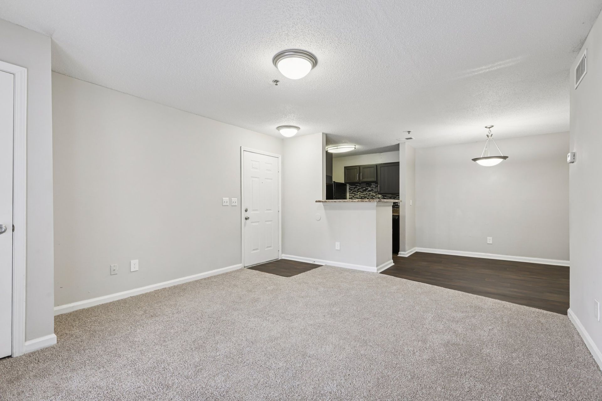 An empty living room with light gray walls and beige carpet, opening into a kitchen and dining area with dark flooring.