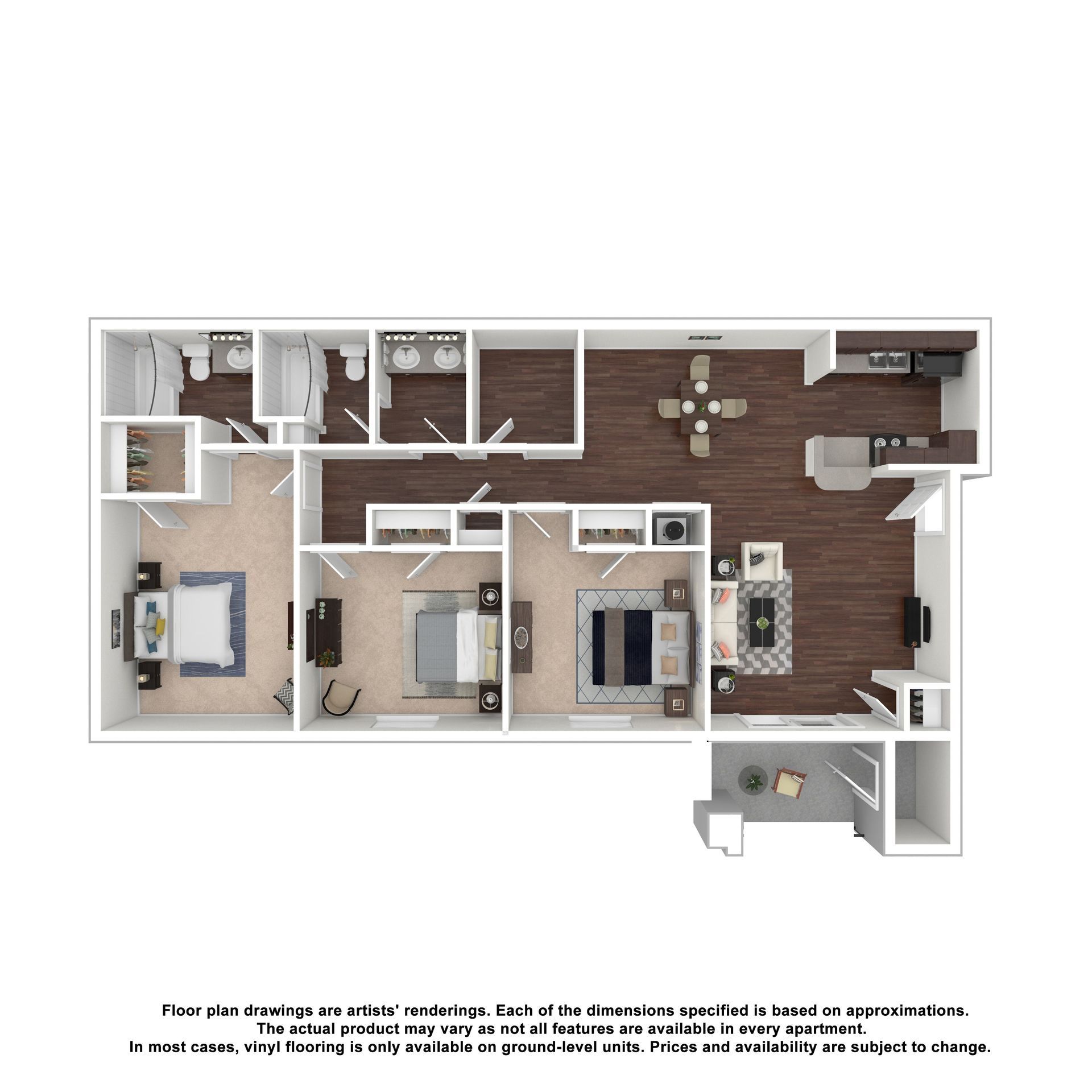 A top-down floor plan showing a three-bedroom, two-bathroom apartment with an open living area and outdoor patio.