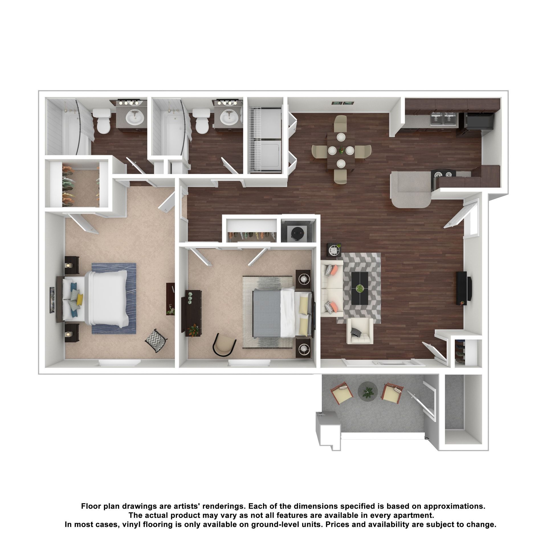 Floor plan for a two-bedroom apartment featuring an open kitchen, living area, two bathrooms, and a private balcony.