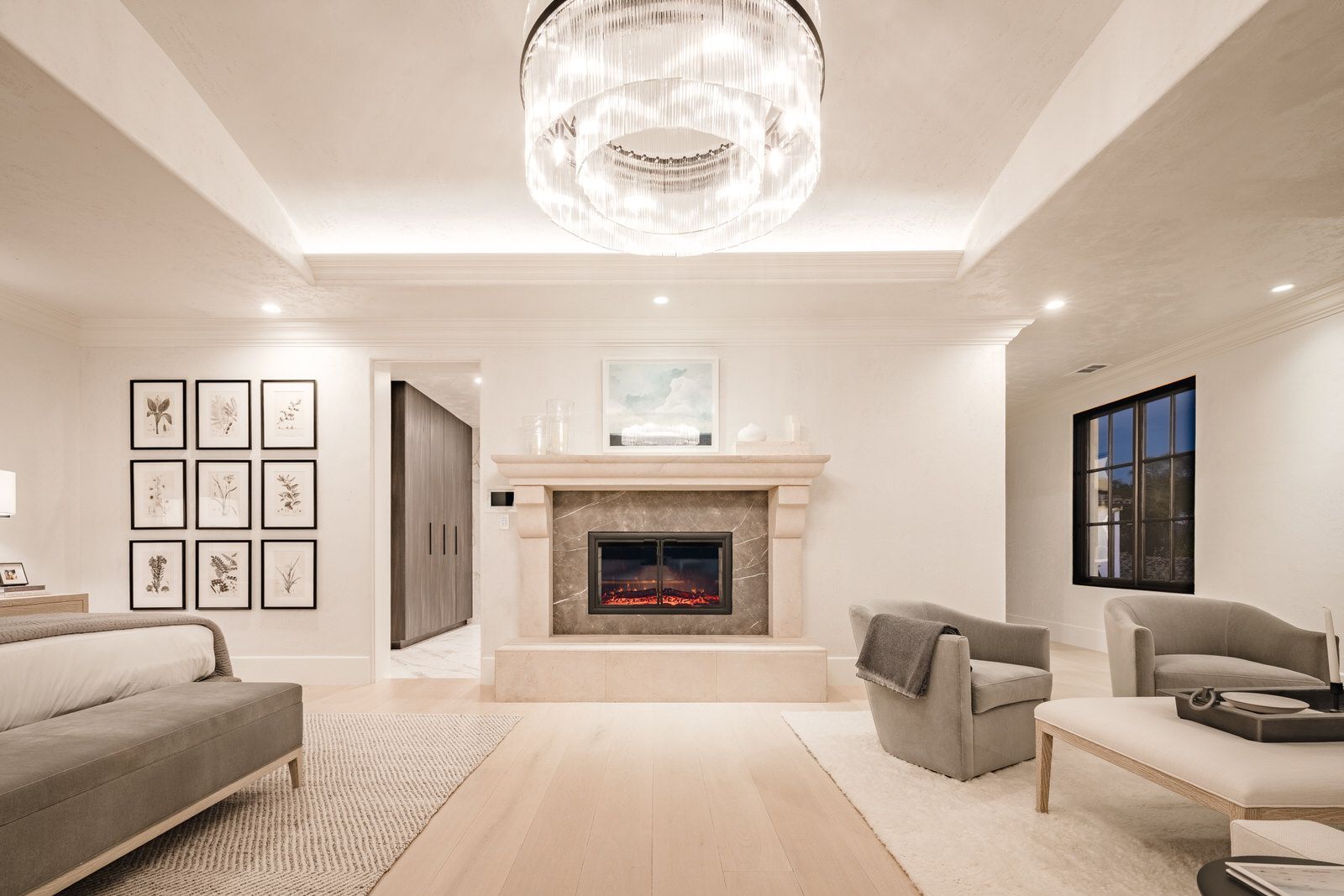 There is a fireplace in the middle of the room.