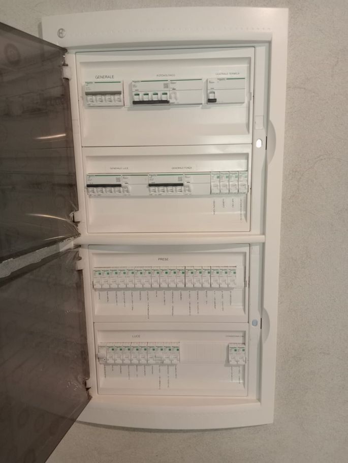 Quadro elettrico aperto con file di interruttori su una parete bianca