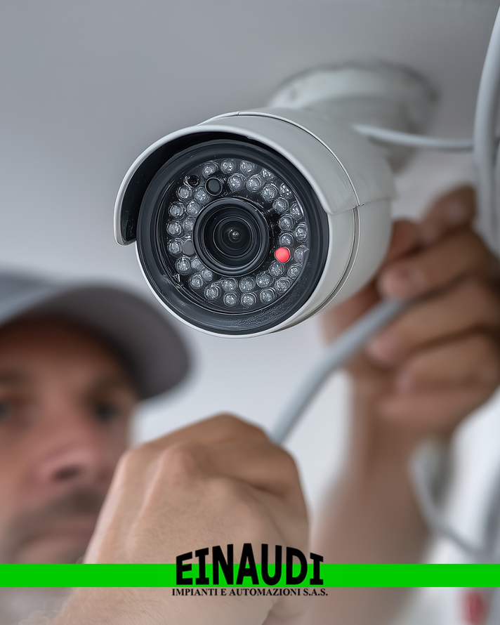 Tecnico che installa una telecamera di sicurezza bianca in ambienti interni con cablaggio a vista.