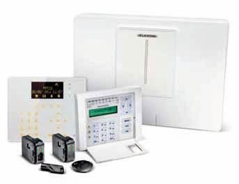 Kit per sistema di sicurezza domestica con centrale di allarme, tastiera, sensori e unità principale bianca.