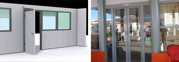 Ingresso moderno per ufficio con porte scorrevoli in vetro e sedie rosse all'interno.