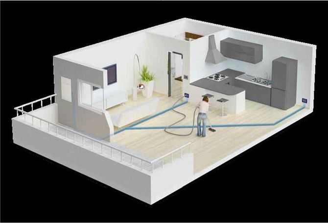 Planimetria 3D di una moderna cucina e zona giorno con linee di flusso d'aria blu e una persona in piedi vicino all'isola.
