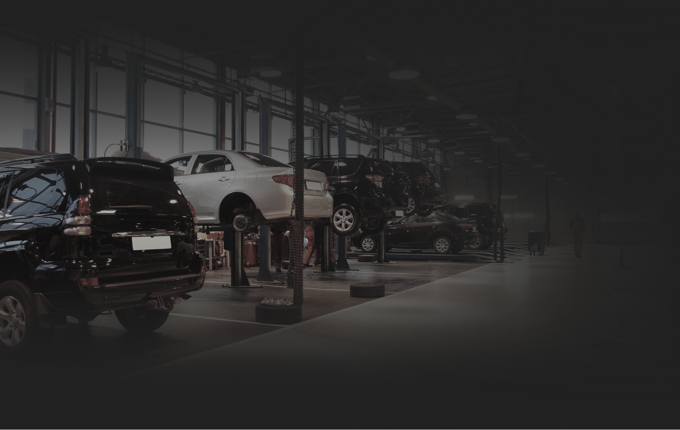 Cars on lifts inside an auto repair shop.
