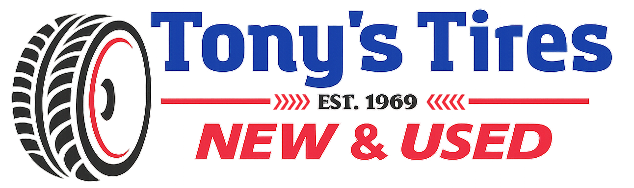 Tony’s Tires logo with red and blue text, tire graphic, and “New & Used” tagline