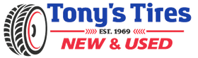 Tony’s Tires logo with red and blue text, tire graphic, and “New & Used” tagline