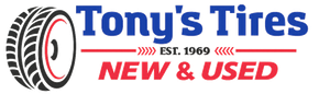 Tony’s Tires logo with red and blue text, tire graphic, and “New & Used” tagline
