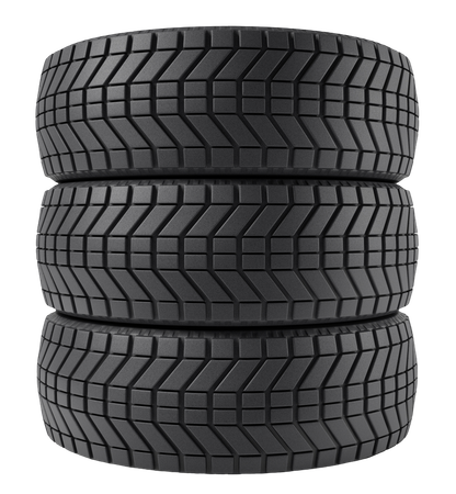 Three black car tires stacked vertically on a white background