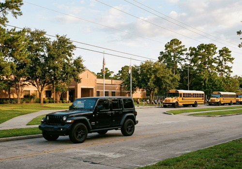 Black Jeep Wrangler driving through a school zone near students and school buses