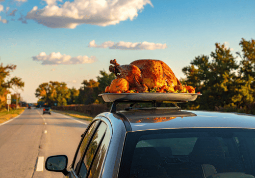 Roasted turkey on a car roof rack driving down a sunlit road