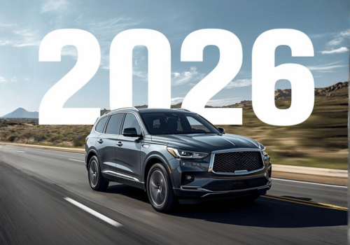 Black SUV driving on a highway with large white “2026” text above it.