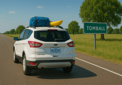 White SUV with luggage on roof driving past a Tomball road sign on a rural highway