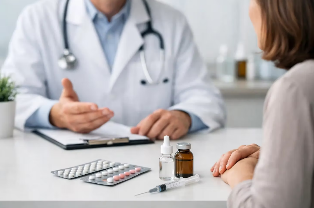 Doctor discussing medication options with a patient at a clinic desk, with pills, bottles, and a stethoscope visible.