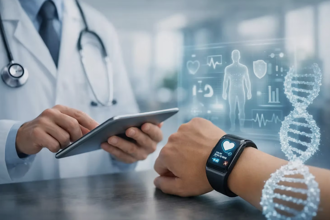 Doctor with tablet consulting a patient wearing a smartwatch, with medical holograms and DNA icons in the background