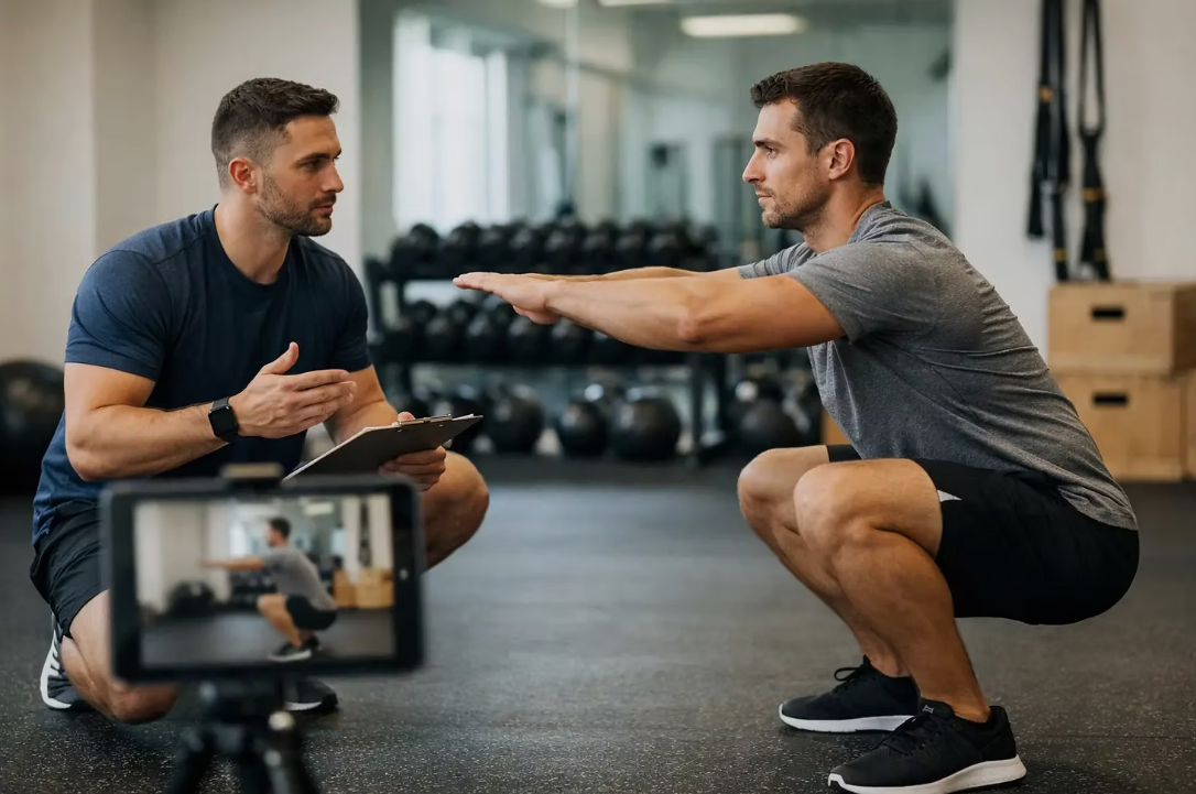 Two men training in a gym while a camera records their exercise session.