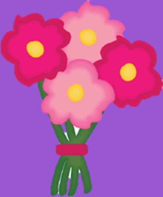 Cartoon bouquet of four pink flowers with yellow centers tied with a red band on a purple background