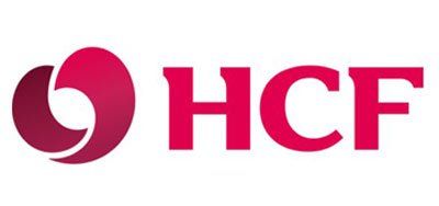 HCF logo in magenta with stylized circular icon and bold lettering