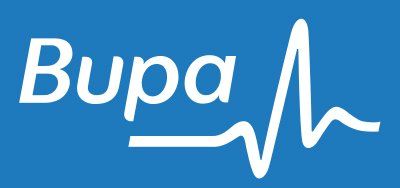 Bupa logo in white on a blue background with a heartbeat line
